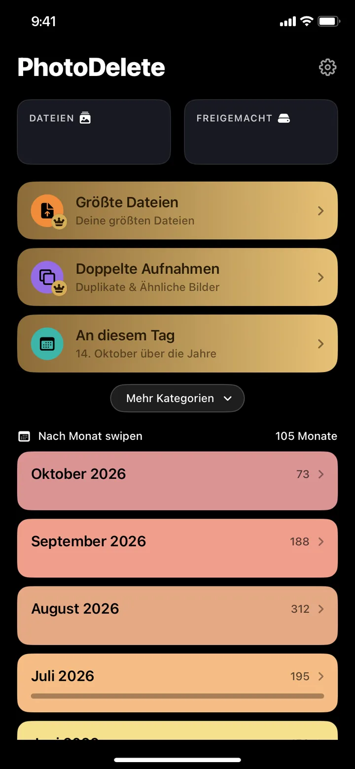 Startbildschirm von PhotoDelete mit größten Dateien, doppelten Aufnahmen und Monaten