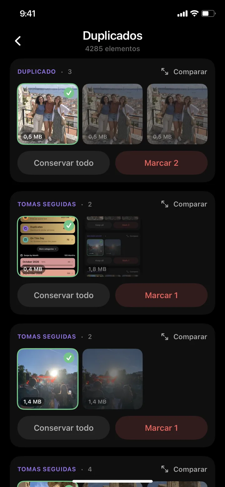Fotos duplicadas y parecidas agrupadas en PhotoDelete