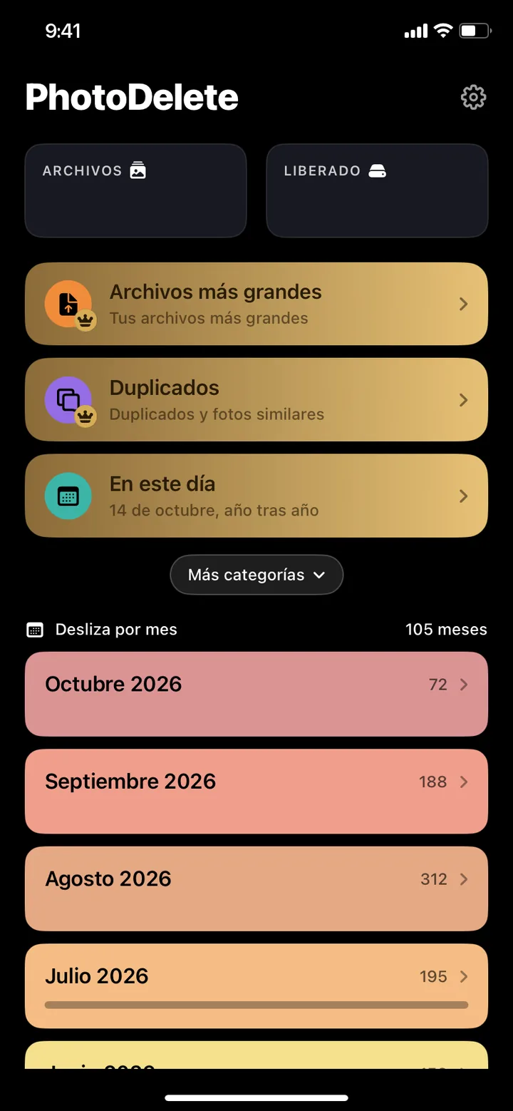 Pantalla de inicio de PhotoDelete con archivos más grandes, duplicados y meses