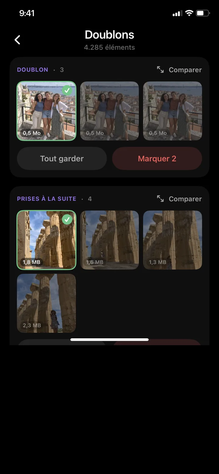 Doublons et photos similaires regroupés dans PhotoDelete